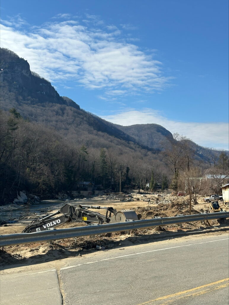 This image shows roads that have been washed away near the foot of the mountains.