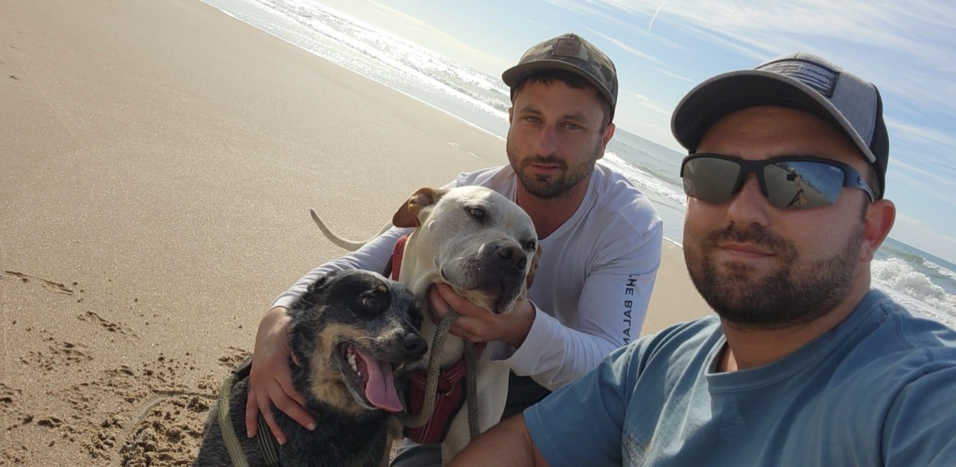 Cody, a man with brown hair and a beard, is wearing sunglasses. He is pictured with another white man with brown hair and a beard and they are with two dogs on the beach.