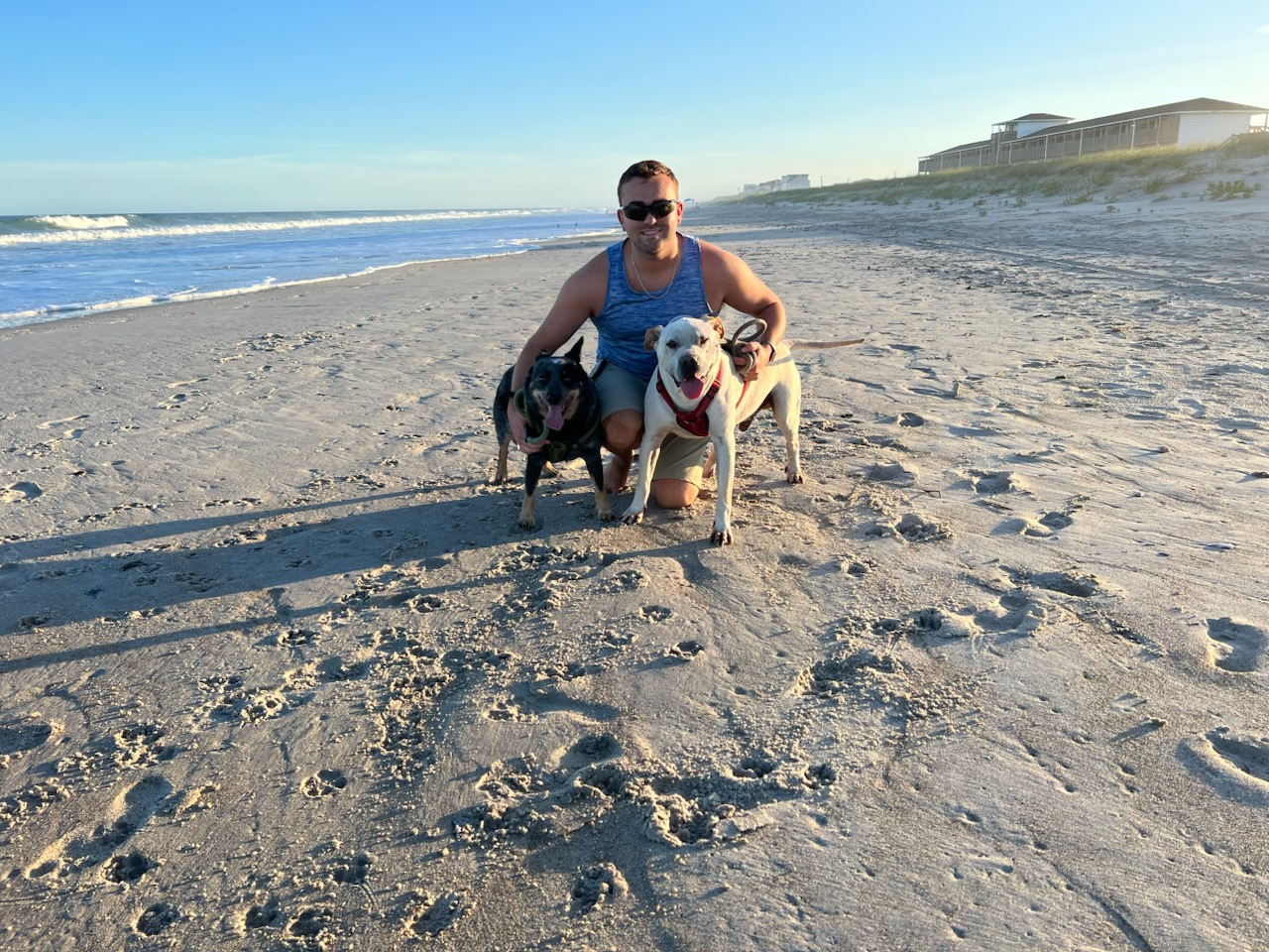 Cody, a white man with brown hair, is wearing a blue sleeveless shirt and is on the beach with his two dogs.