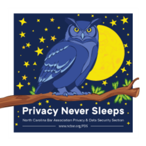 The image shows a blue owl sitting on a tree branch and a yellow moon behind it with stars in the sky. The text below it reads, "Privacy Never Sleeps: North Carolina Bar Association Privacy & Data Security Section."