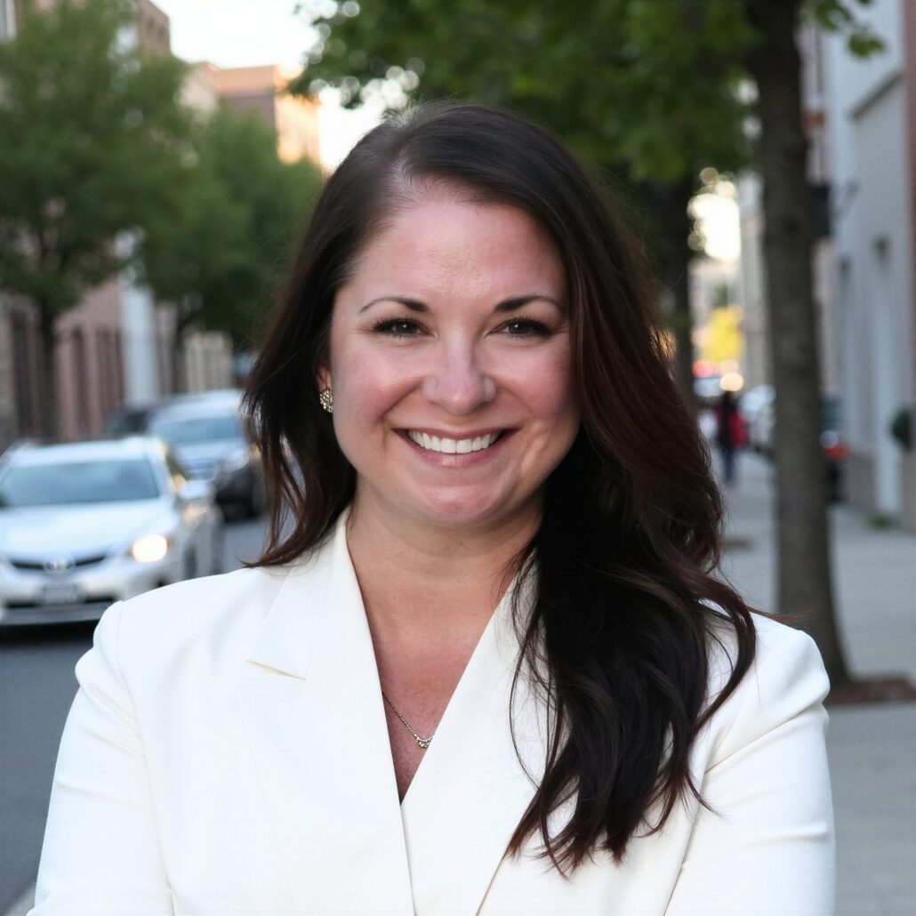 Trisha, a white woman with dark brown hair wears a white suit.